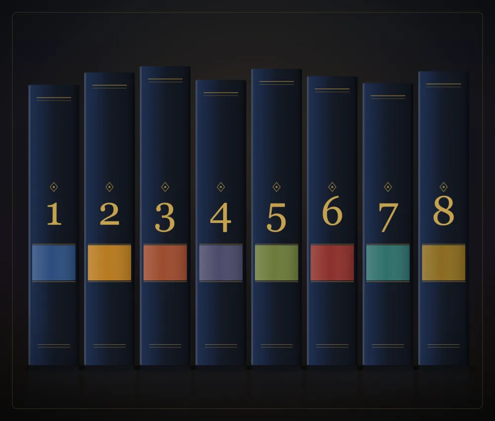 Os oito volumes da coleção, do Gênesis ao Apocalipse, apresentados como um conjunto de lombadas.